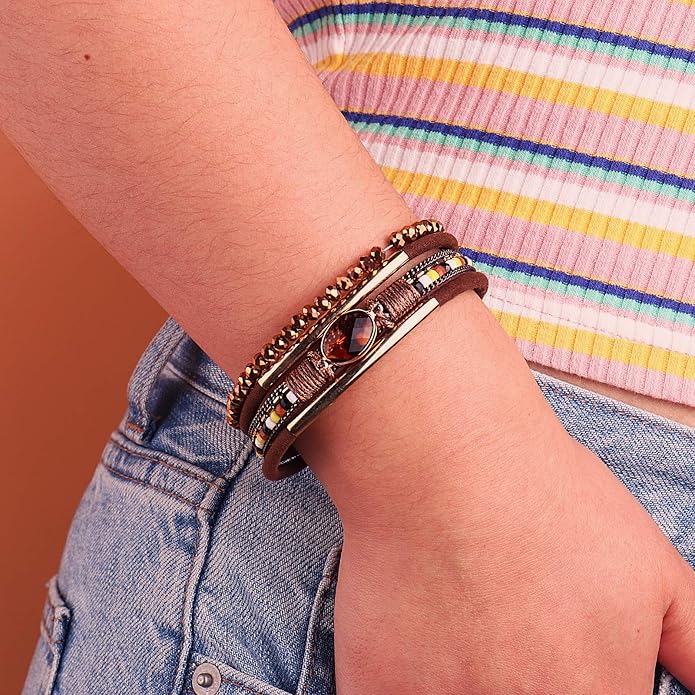 FANCY SHINY Leather Wrap Bracelets Crystal Beads Bracelet Boho Cuff Stone Charm Bracelets with Clasp Costume Jewelry for Women