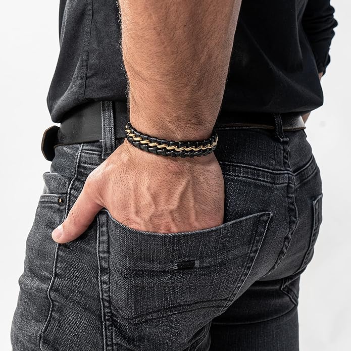 SERASAR | Premium Genuine Leather Bracelet [Steel] for Men in Black | Magnetic Stainless Steel Clasp in Black, Silver and Gold | Exclusive Jewellery Box | Great Gift Idea