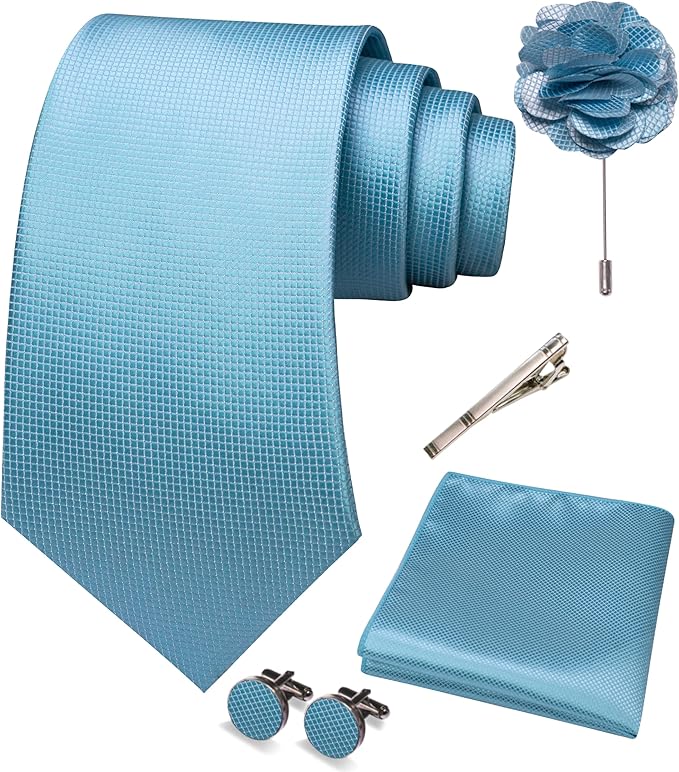 JEMYGINS Mens Tie and Pocket Square,Lapel Pin,Cufflinks,Tie Clip Sets with Gift Box 5PCS