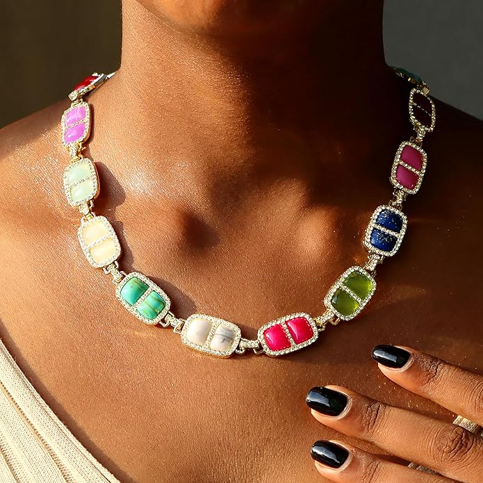 Chunky Necklace for Women 12 Colors Diamond Stone Gold Statement Necklace for Women Full Trendy Blue Birthstone Choker Necklace for Women Square Design Necklace Jewelry