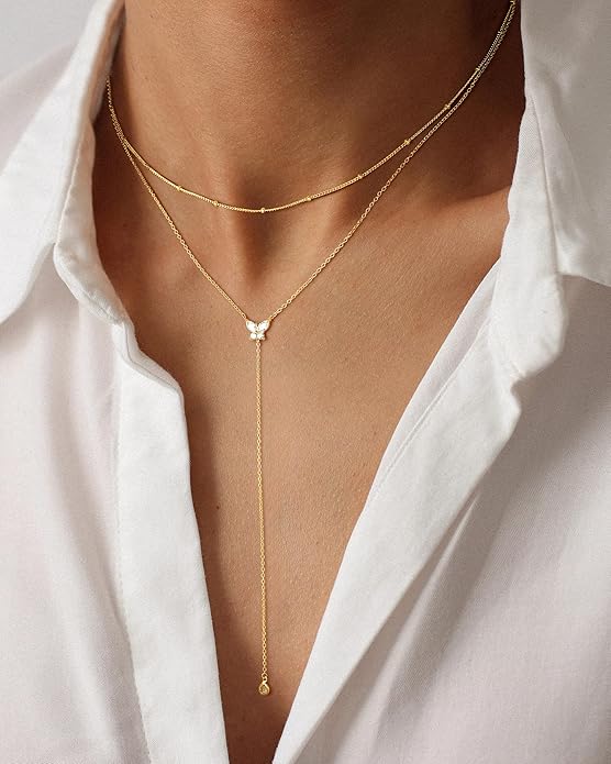 M MOOHAM Gold Lariat Necklace for Women - Dainty 14K Gold Plated Y-Shaped Long Drop Necklace Pearl Cross Clover Butterfly Cubic Zirconia Charm Layered Necklaces for Women Simple Jewelry Gifts