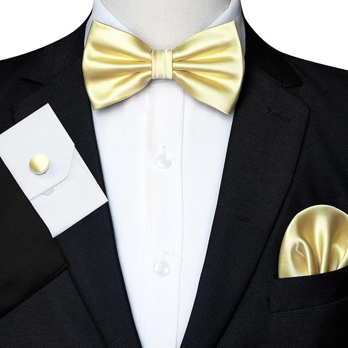 JEMYGINS Solid Color mens Pre-tied Bow Tie and Pocket Square Cufflinks Sets with Gift Box