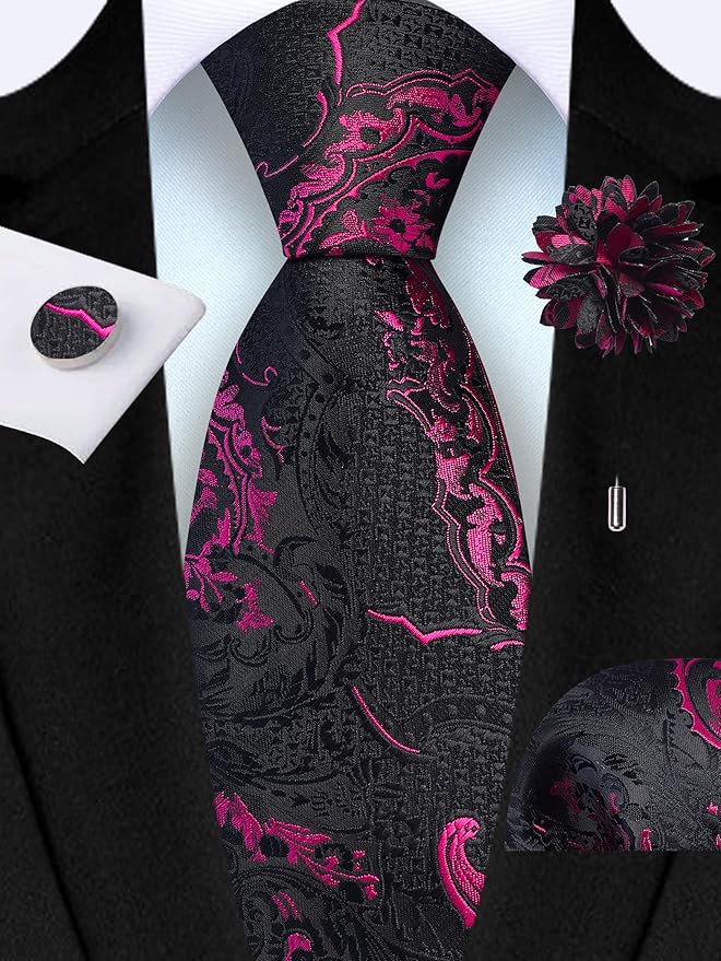 GUSLESON 8cm Paisley Tie Set for Men Necktie Lapel Pin Pocket Square Cufflinks Set for Men
