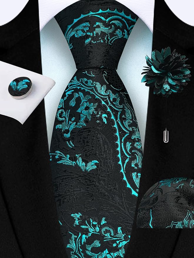 GUSLESON 8cm Paisley Tie Set for Men Necktie Lapel Pin Pocket Square Cufflinks Set for Men