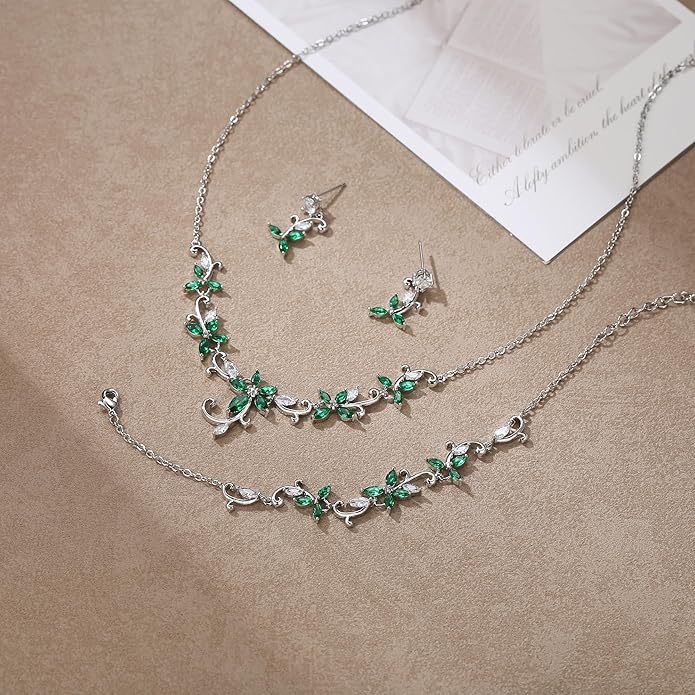Crysdue Flower Leaf Wedding Jewelry Set for Bridal Bridemaid, Cubic Zirconia Teardrop Elegant Silver/14K/Rose Gold Plated Vine Necklace Dangle Earrings for Prom Party