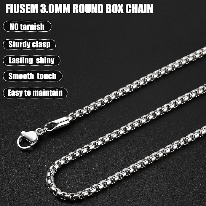 Fiusem Box Chain for Men, Silver Tone/14K Gold Plated/Black Stainless Steel Necklace for Men and Women, Width 2/2.5/3/4/5mm, Length 18-28 Inches