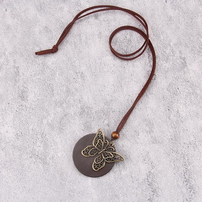 Long Boho Necklaces for Women Vintage Leather Wooden Pendant Y Choker Ethnic Style Gold Circle Hippie Sweater Necklace