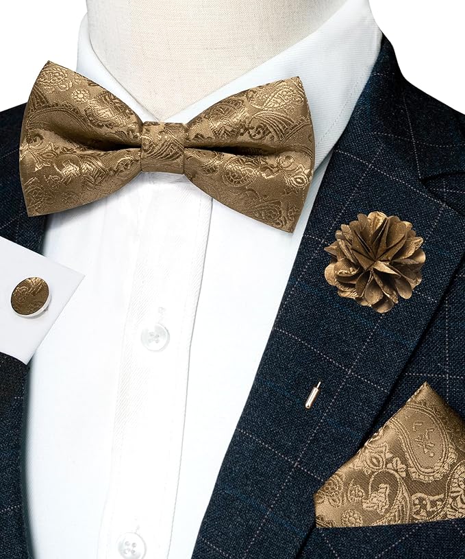 JEMYGINS Paisley Pre-tied Bow Tie and Pocket Square Cufflinks Lapel Pin Sets for Men 4PCS