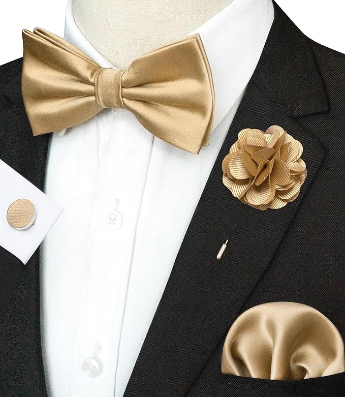 JEMYGINS Solid Color mens Pre-tied Bow Tie and Pocket Square Cufflinks Sets with Gift Box
