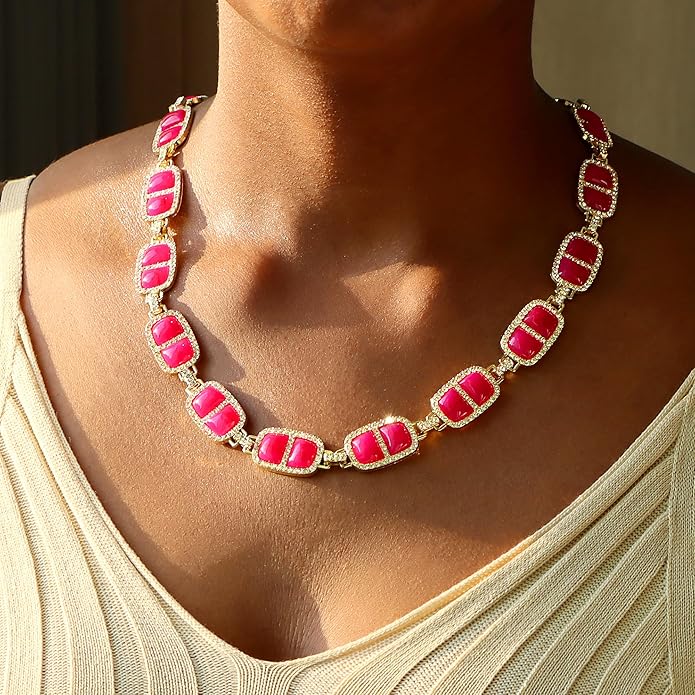 Chunky Necklace for Women 12 Colors Diamond Stone Gold Statement Necklace for Women Full Trendy Blue Birthstone Choker Necklace for Women Square Design Necklace Jewelry