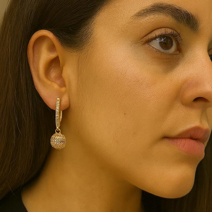 Gold Tone Ball Dangle Hoop Earrings for Women – Crystal-Encrusted Charm, 25mm Drop Length, Lightweight Party Jewelry.KT0012