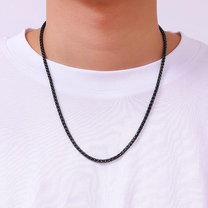 Fiusem Black Wheat Chains for Men and Women, 2/2.5/3/4/5mm Stainless Steel Necklace Chain, Mens Necklace Jewelry Gift 16-28 Inch