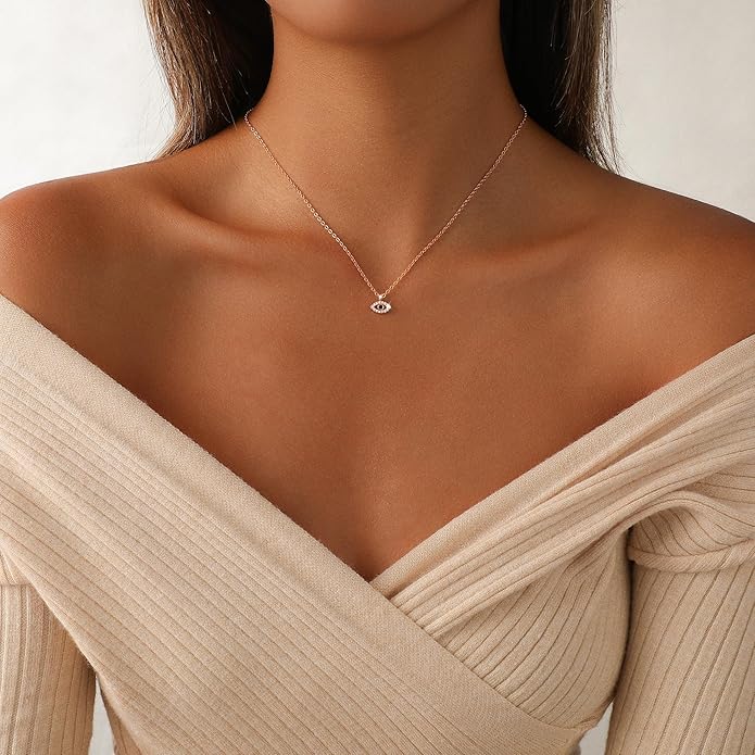 Evil Eye Necklace for Women,Dainty 14K Gold/Sterling Silver Plated Evil Eye Pendant Necklace Tiny Boho CZ Diamond Necklace Cute Trendy Lucky Protection Jewelry Gift for Women