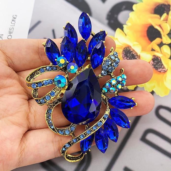 SELOVO Leaf Rhinestone Statement Brooch Pin Dress Jewelry Accessory