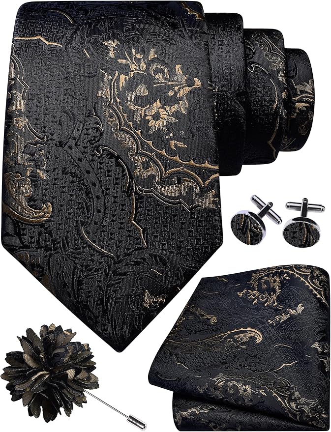GUSLESON 8cm Paisley Tie Set for Men Necktie Lapel Pin Pocket Square Cufflinks Set for Men