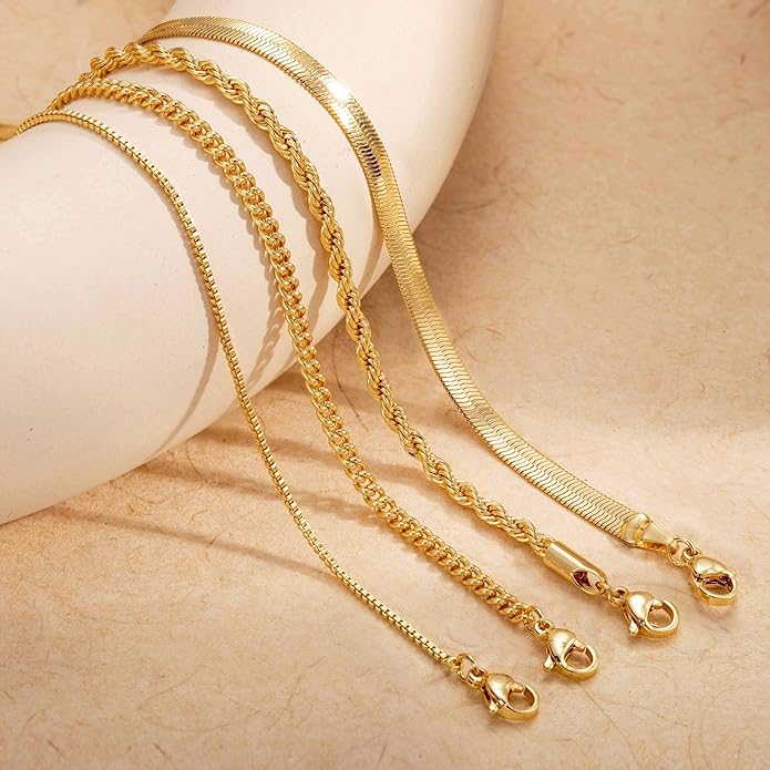 Tewiky Layered Necklaces for Women Non Tarnish- Chunky 14k Gold Plated Herringbone/Snake/Rope/Box/Cuban Link Chain for Women Waterproof Layering Stack Choker Necklace Trendy Dainty Tarnish Free Jewelry Set