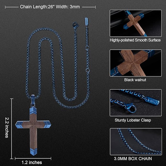 GTMJ Cross Necklace for Men -Stainless Steel & Wood Adjustable Box Chain 24-26in, Spiritual Jewelry Gift for Him, Everyday Wear