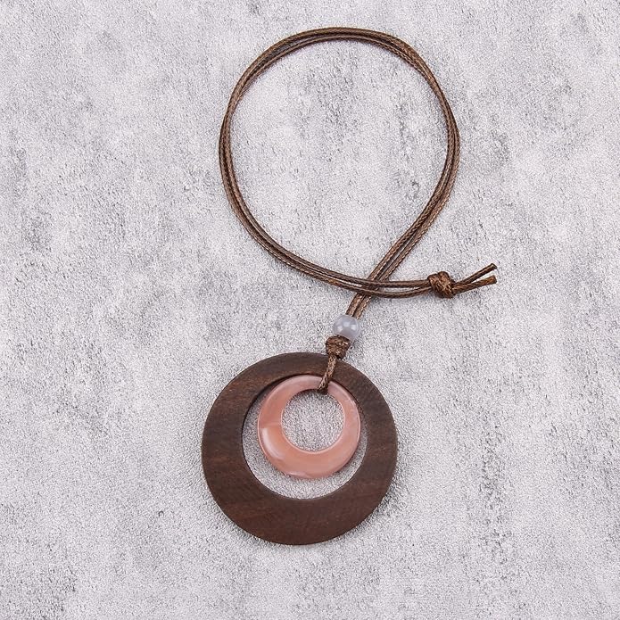 Long Boho Necklaces for Women Vintage Leather Wooden Pendant Y Choker Ethnic Style Gold Circle Hippie Sweater Necklace