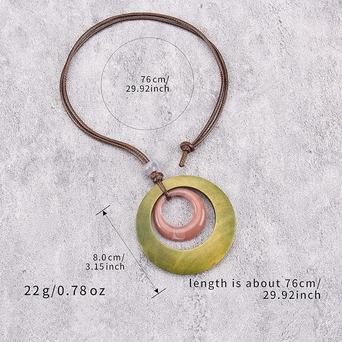 Long Boho Necklaces for Women Vintage Leather Wooden Pendant Y Choker Ethnic Style Gold Circle Hippie Sweater Necklace