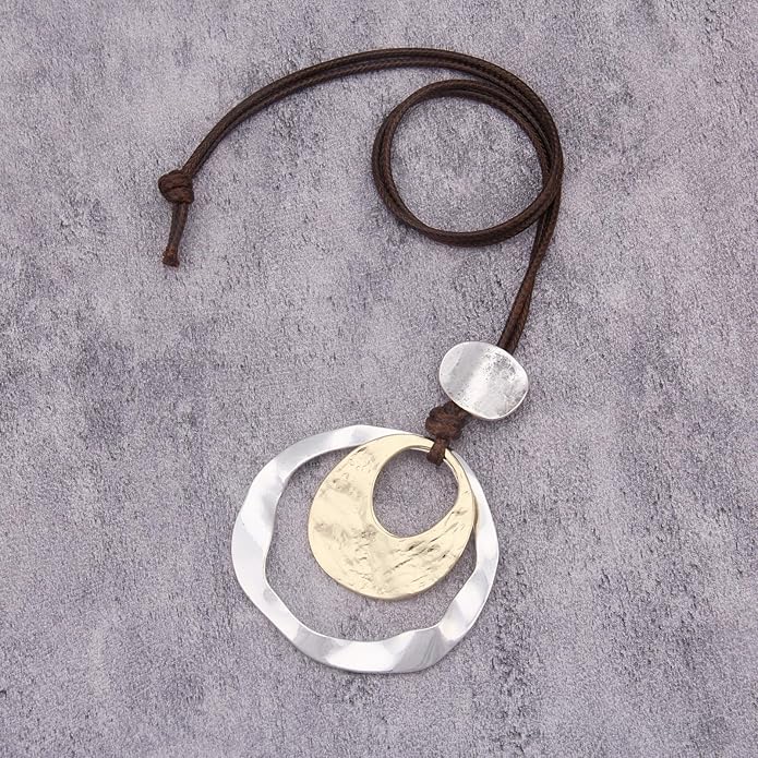 Boho Necklaces for Women Chunky Circle Necklace Layered Boho Circle Leather Choker Necklace Long Vintage Necklaces Bohemian Jewlery Gifts