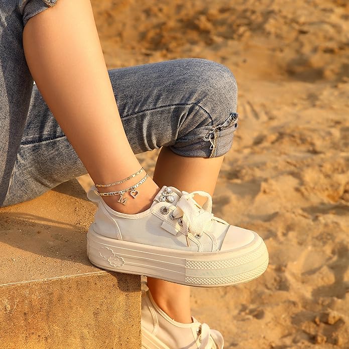 Initial Ankle Bracelets for Women Waterproof 14K Gold Plated Dainty Layered Figaro Chain Letter Initial CZ Heart Ankle Bracelets Set Summer Beach Jewelry for Women
