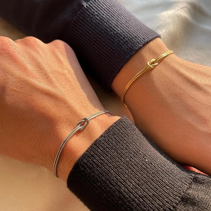 Matching Bracelets for Couples，Dainty Gold Love Knot Bracelet 14K Gold Plated Herringbone Chain Bracelet Relationship Jewelry Gifts for Best Friend