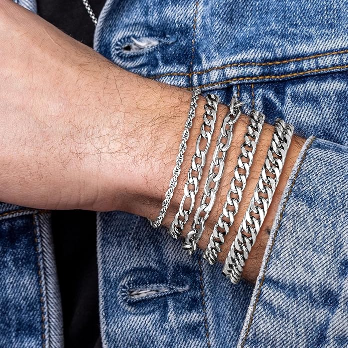 Yoosteel Mens Bracelets - Silver Chain Bracelet Stainless Steel Cuban Link Stack Bracelets Sturdy Rope Paperclip Chains Set 7.5/8.3/9 inches Trendy Jewelry for Men