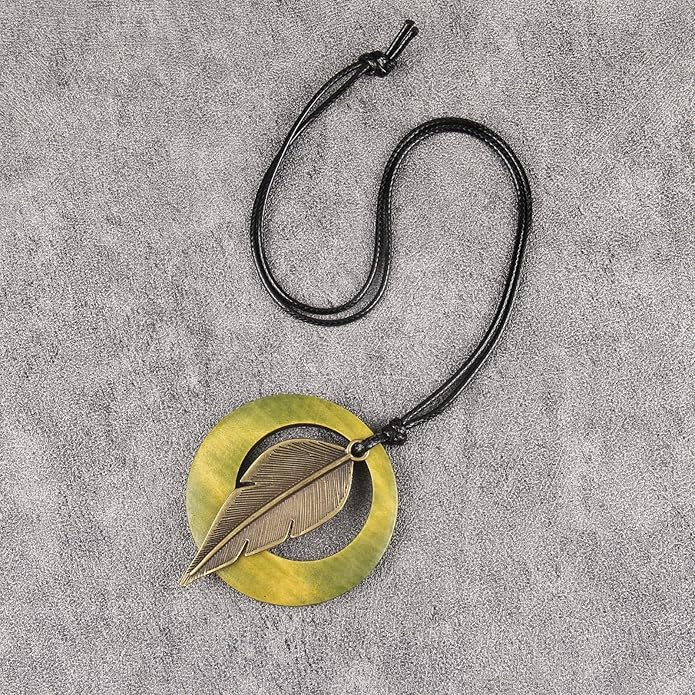 Long Boho Necklaces for Women Vintage Leather Wooden Pendant Y Choker Ethnic Style Gold Circle Hippie Sweater Necklace