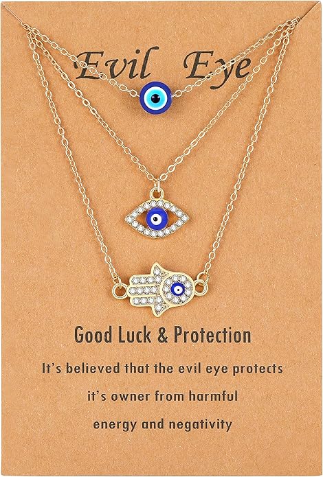 Baydurcan Dainty Evil Eye Necklace and Hamsa Necklace Turkish Blue Eye Hand Pendant Necklace 3pcs Lucky Jewelry Gift for Women