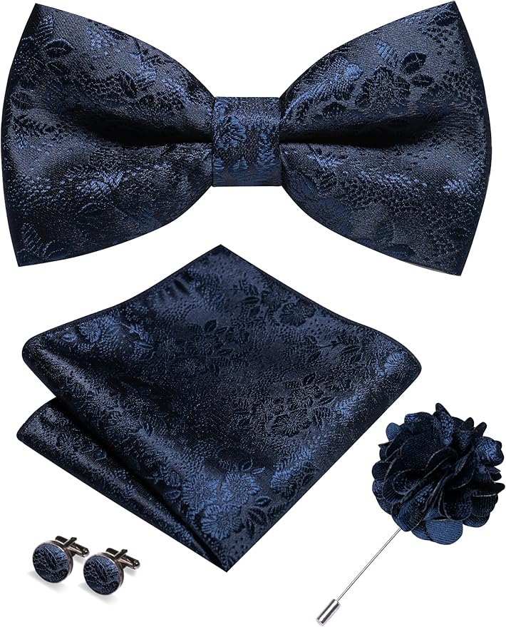 JEMYGINS Floral Pre-tied Bow Tie and Pocket Square Cufflinks Lapel Pin Sets for Men 4PCS