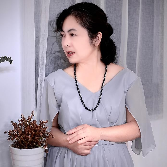 II ROUND PEARL II Real Black Pearl Necklace for Women Pearl Jewelry for Men Sterling Silver Genuine Cultured Freshwater Wedding Anniversary Birthday Gift Strand