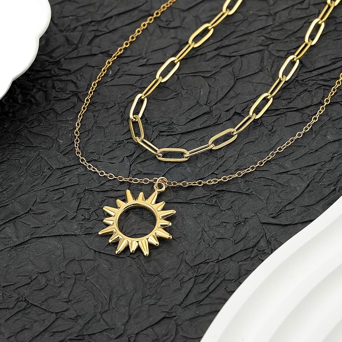Sunflower Jewellery Layered Gold Dragon Pendant Necklace with Chain Link Choker, Gothic Fantasy Style, Double Chain Design
