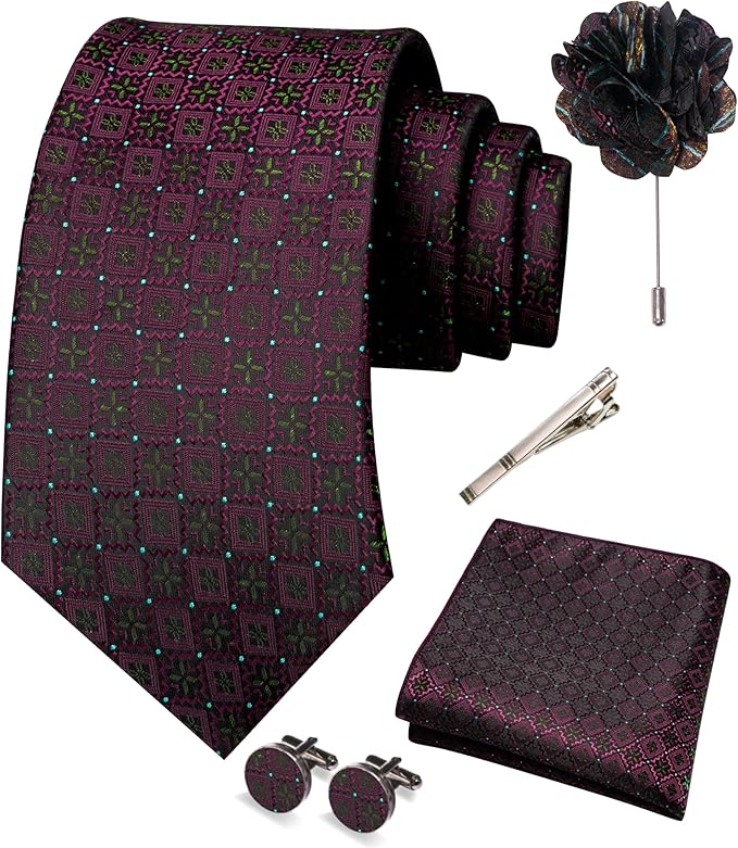 JEMYGINS Mens Tie and Pocket Square,Lapel Pin,Cufflinks,Tie Clip Sets with Gift Box 5PCS