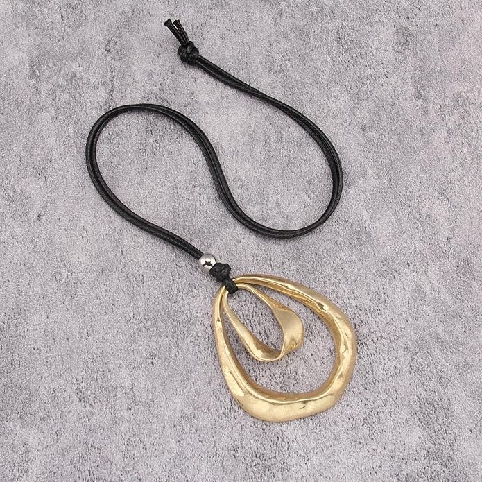 Long Boho Necklaces for Women Vintage Leather Wooden Pendant Y Choker Ethnic Style Gold Circle Hippie Sweater Necklace