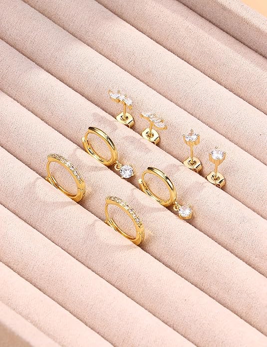Florideco 925 Sterling Silver Earrings for Women Trendy Hypoallergenic Small Gold Hoop Earrings 14K Gold Plated Stud Earring Sets for Multiple Piercing CZ Ear Cuff Cartilage Earring Stacks
