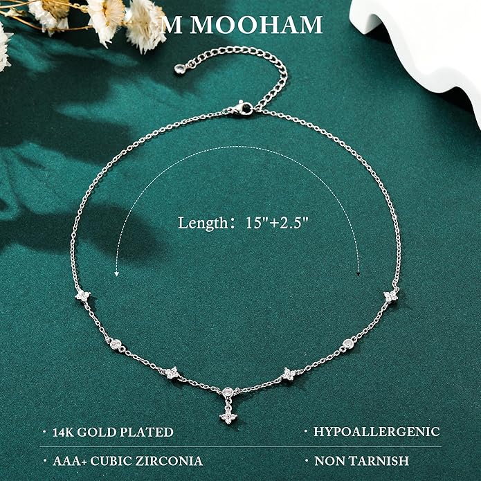 M MOOHAM Gold Clover Heart Pearl Butterfly Star flower Choker Necklace for Women - Dainty 14K Gold Plated Cubic Zirconia Cute Station Necklaces for Women Trendy Prom Jewelry Gifts