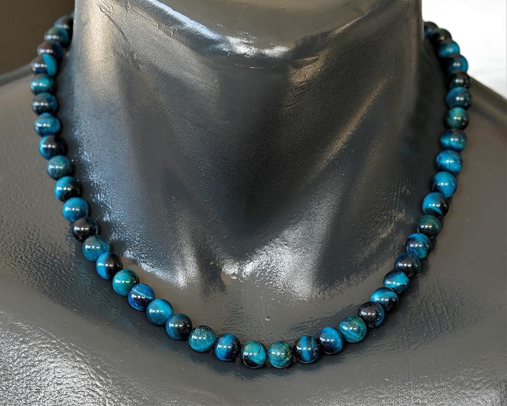 Natural Blue Tiger Eye Beaded Choker, Genuine Blue Crystal Necklace, Fancy Gemstone Choker, 8mm Beads, Unique Fashion Jewelry, Healing Crystal Necklace, Durable Stone Necklace, Capricorn Necklace