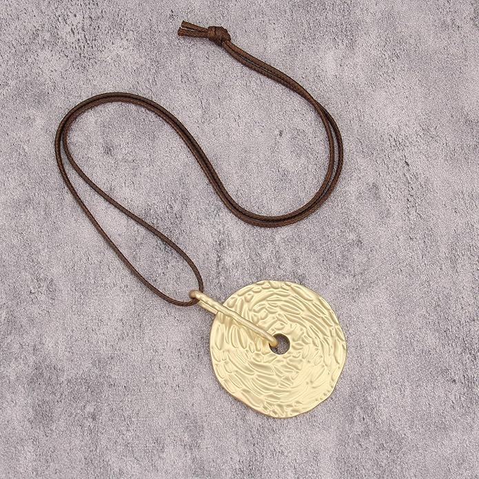 Long Boho Necklaces for Women Vintage Leather Wooden Pendant Y Choker Ethnic Style Gold Circle Hippie Sweater Necklace