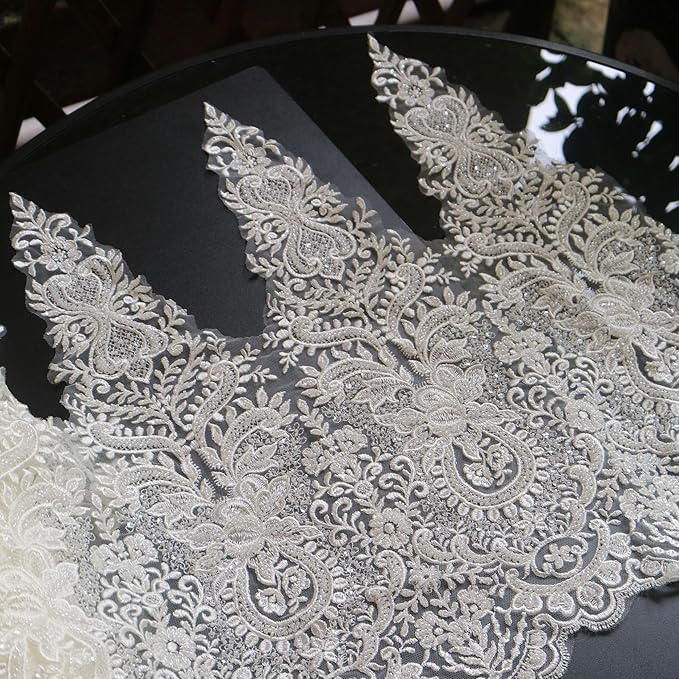 G-RUI 20.9inch*1yards Ivory White Luxury Beaded Embroidery Flower lace Appliques for Wedding Dresses Rhinestone Applique Patches Embroidery lace parches ropa