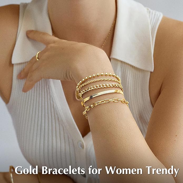 Gold Bracelets for Women Non Tainish,Dainty Bracelets Stack for Women Trendy, Gold Plated Cuff Bracelets Stack With Beaded Cuban Paperclip Snake Rope Bangle Hand Chain Jewelry Gifts for Women
