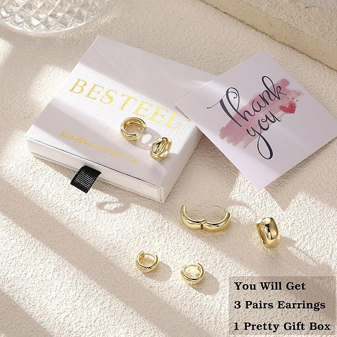 Small Chunky 14K Gold Plated Hoop Earrings for Women - Hypoallergenic Earrings for Sensitive Ears Earrings Set Thick Huggie Hoops Earring Stacks Silver Plated Jewelry
