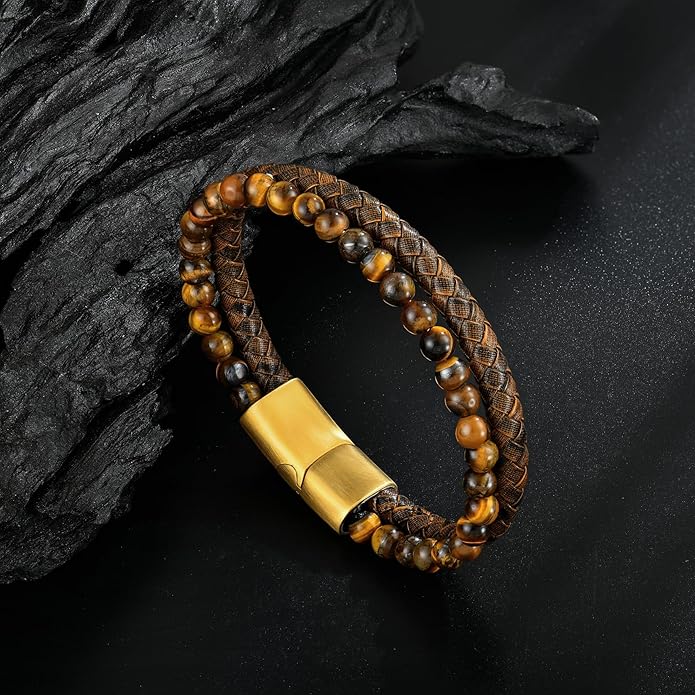 Mens Tiger Eye Matee Black Onyx Lava Rock Volcanic Stone Beaded Bracelet, Black Braided Leather Bracelet for Men