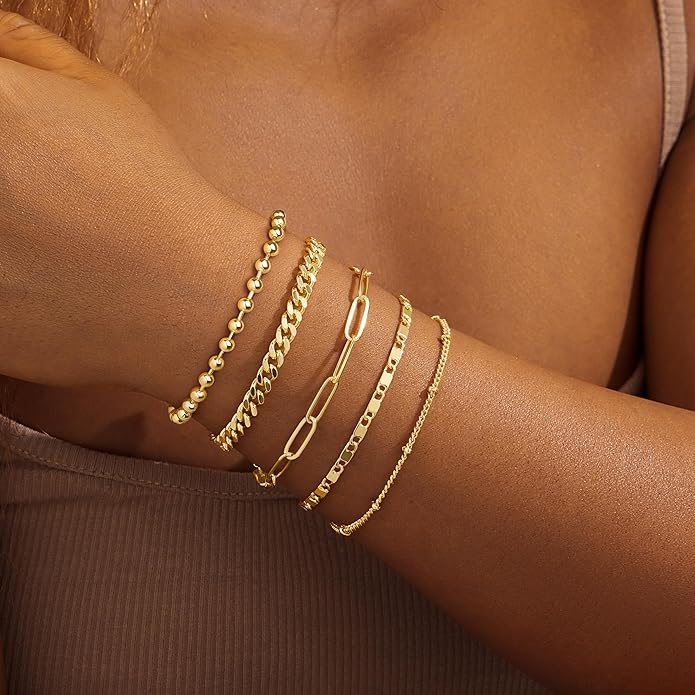Gold Bracelets for Women Non Tainish,Dainty Bracelets Stack for Women Trendy, Gold Plated Cuff Bracelets Stack With Beaded Cuban Paperclip Snake Rope Bangle Hand Chain Jewelry Gifts for Women