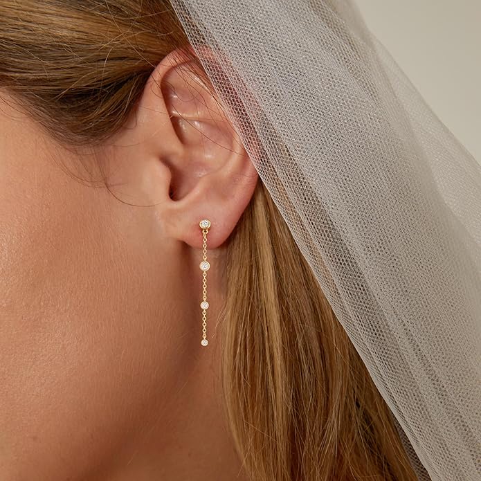 Gold Earrings for Women,Dainty 14k Gold Plated Pearl Drop Earring Dangle Pearl Dangling Earrings for Women Trendy Small Cute Wedding CZ Earring Long Chain Threader Prom Jewelry Gifts