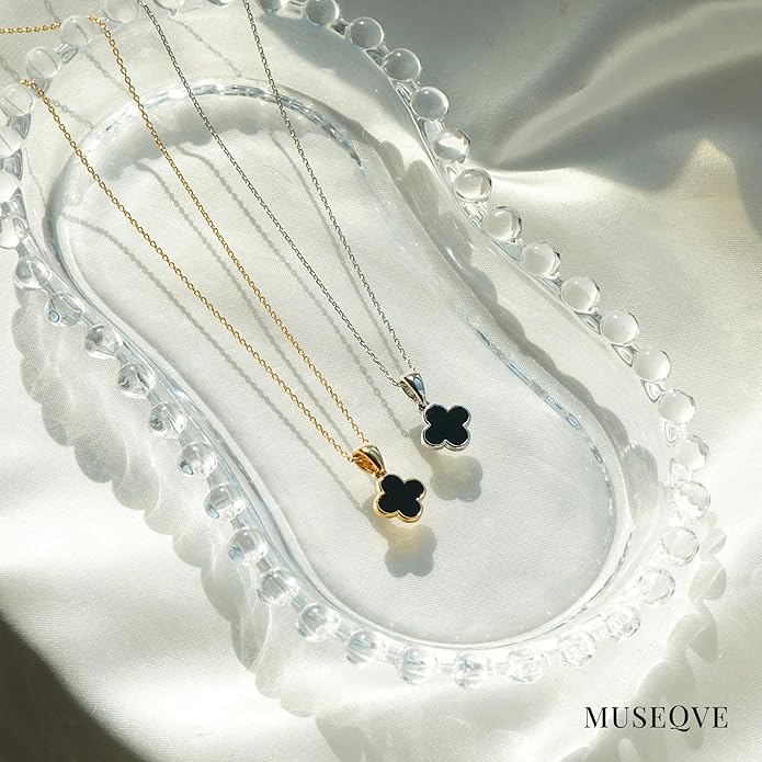MUSEQVE Four Leaf Clover Necklace for Women Dainty Mother of Pearl White Black Onyx Pink Blue Mint Green Crystal Lucky Clover Pendant 14K Gold Plated Jewelry Gifts [CVRN]