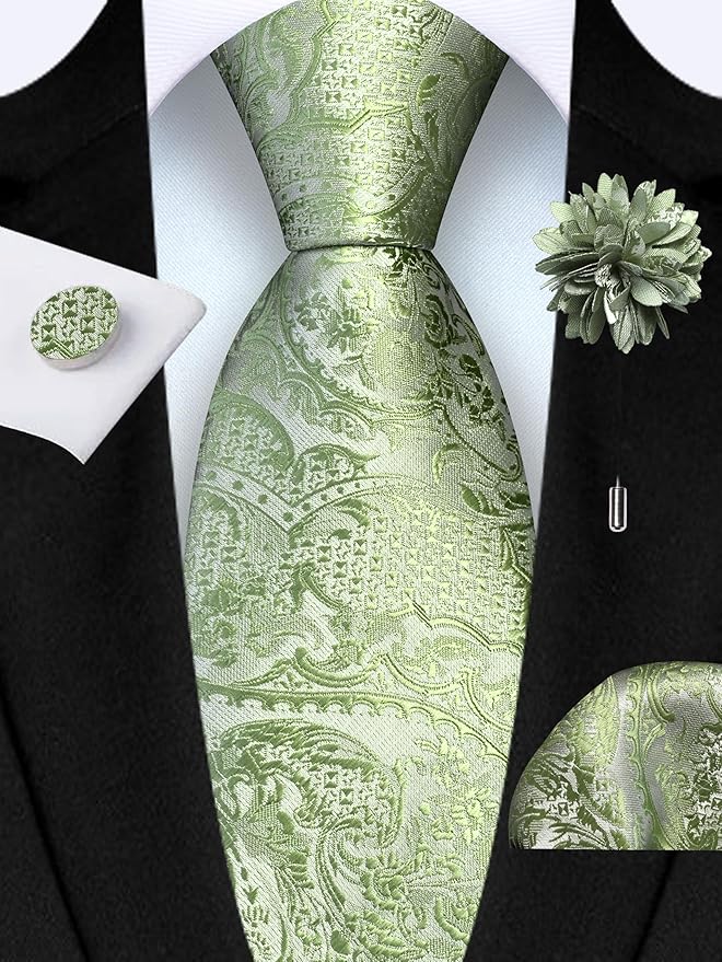GUSLESON 8cm Paisley Tie Set for Men Necktie Lapel Pin Pocket Square Cufflinks Set for Men