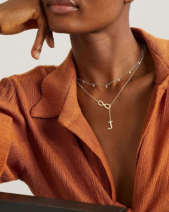 FUNEIA Gold Initial Necklaces for Women Trendy Dainty Long 14K Gold Plated Infinity Lariat Letter Necklace Non Tarnish Friendship Personalized Name Drop Pendant Y Necklace Stack Jewelry Gift