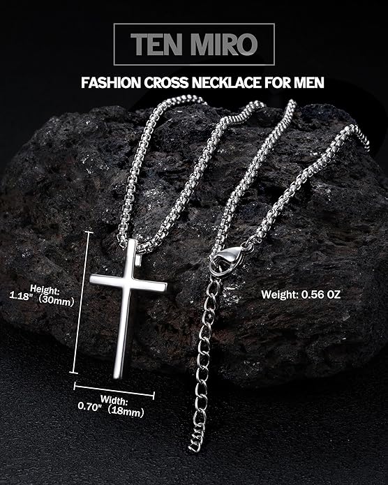 TEN MIRO S925 Sterling Silver Cross Necklace for Men Solid Sterling Silver Cross Pendant Necklace Boys Mens Cross Necklace Jewelry Gifts with Box & Card Birthday Anniversary Christmas Father's Day