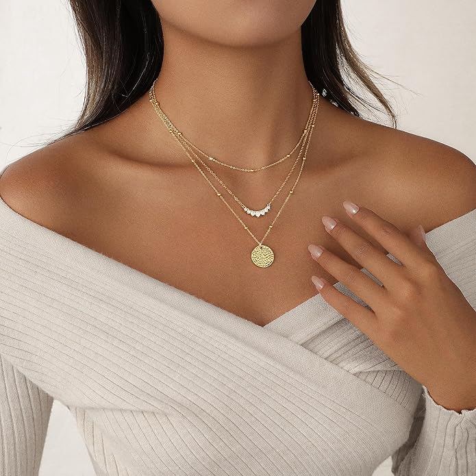 Layered Gold Necklace for Women Trendy 14K Gold Plated Heart CZ Pendant Layered Gold Necklaces Set Coin Choker Necklaces Simple Circle Cubic Zirconia Pearl Necklace Stack Herringbone Paperclip Chain Jewelry Set