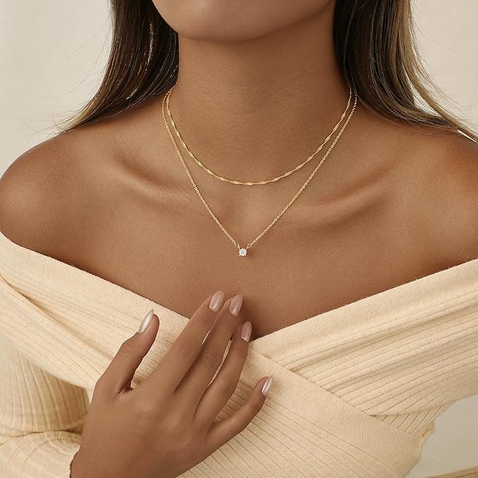 Layered Gold Necklace for Women Trendy 14K Gold Plated Heart CZ Pendant Layered Gold Necklaces Set Coin Choker Necklaces Simple Circle Cubic Zirconia Pearl Necklace Stack Herringbone Paperclip Chain Jewelry Set